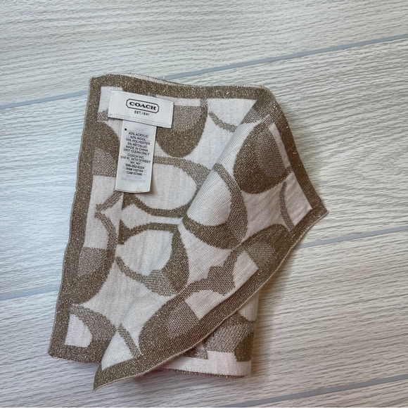 Coach Signature C Logo Tan Metallic Gold Wool Blend Scarf Wrap - Picture 2 of 8